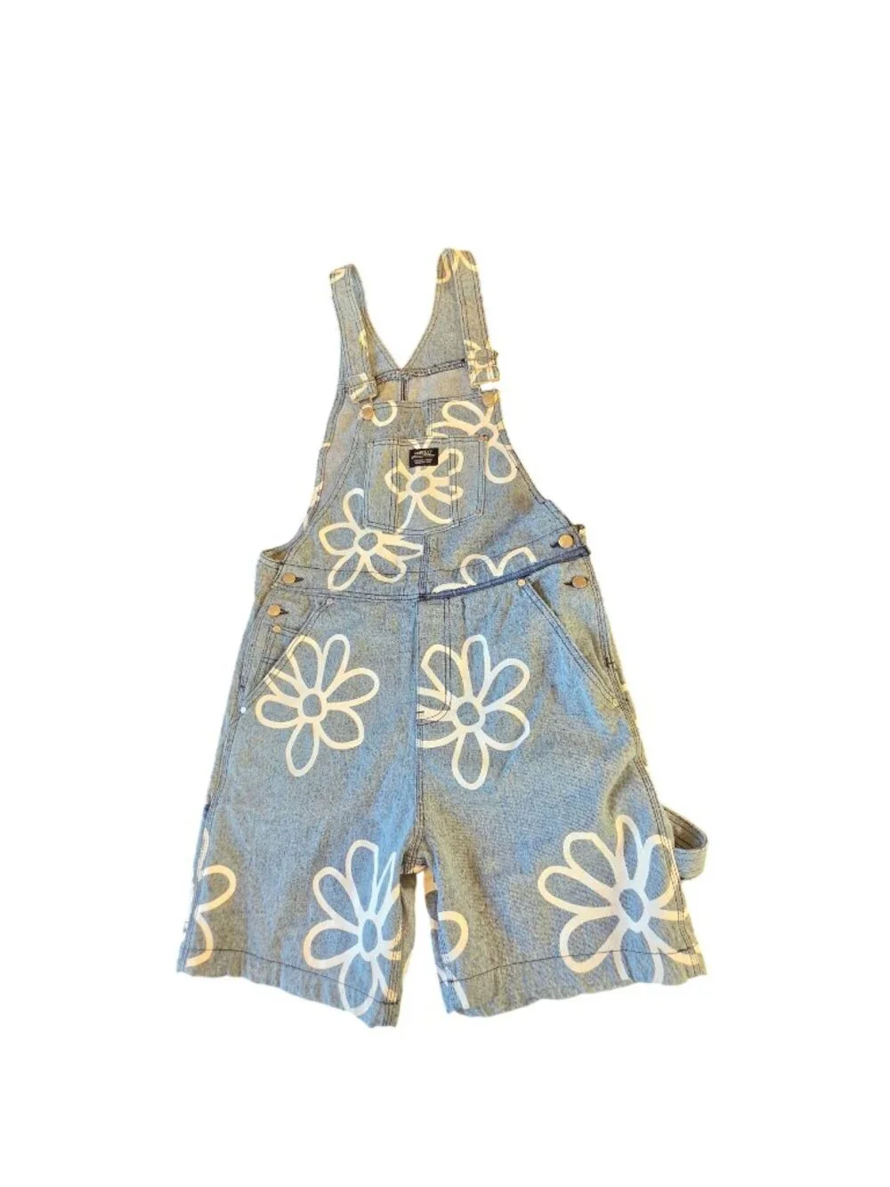 WeSC Daisy Floral Denim Bib Overall Shorts Shortalls Y2K Streetwear Unisex Sz S